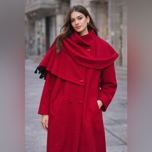 Elegant Vintage Red Wool Coat with removable cape/scarf
